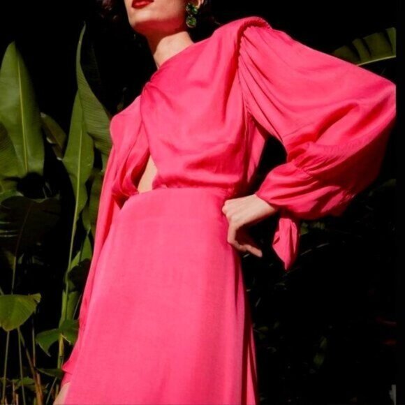 Farm Rio Maxi Dress Cut Out Satin Pink L Shoulder Pad Long-Sleeve Cocktail - Picture 2 of 16